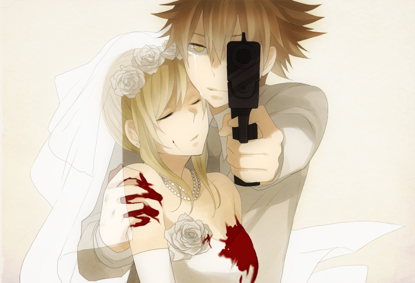 1boy 1girl aiming aiming_at_viewer angry blonde_hair blood blood_on_face blood_on_fingers blood_on_flower blood_on_hands bloody_clothes brown_hair bullet closed_eyes crying crying_with_eyes_open dead_body death ears empty_eyes eyes_closed eyes_open female finger_on_trigger flower gun hand_on_another&amp;#039;s_arm holding holding_weapon jewelry katekyo_hitman_reborn long_hair lost male manly necktie one_eye_covered pistol pixiv pixiv_fantasia revenge sad sasagawa_kyoko sawada_tsunayoshi short_hair simple_background tears veil wedding wedding_dress white_dress white_flower white_gloves white_skin yellow_eyes