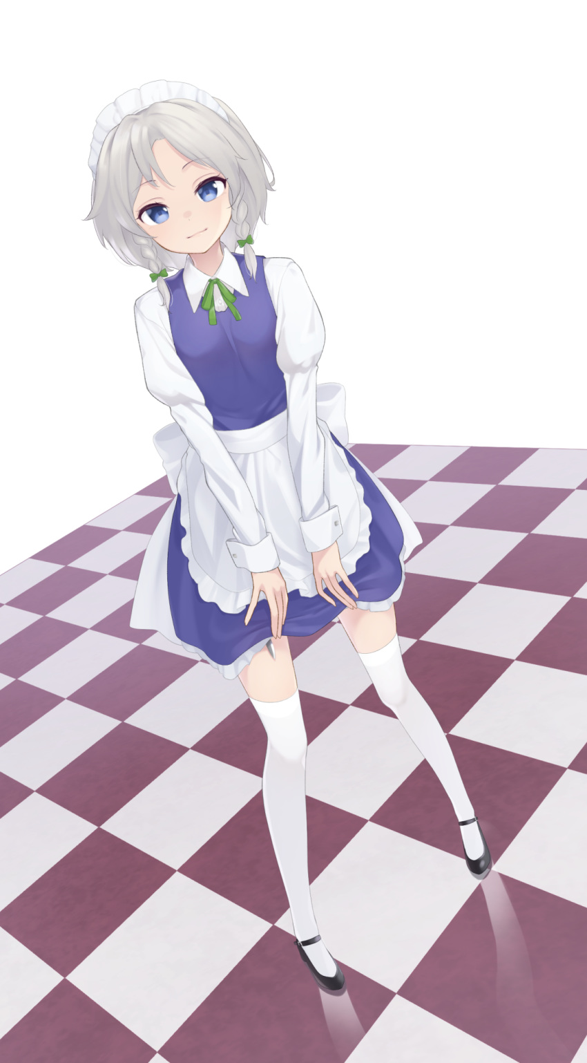 1girl apron black_footwear blue_eyes blue_skirt blue_vest braid checkered checkered_floor commentary dutch_angle expressionless foreshortening full_body highres izayoi_sakuya juliet_sleeves kanpa_(campagne_9) knife lifted_by_self long_sleeves looking_at_viewer maid_headdress puffy_sleeves reflection reflective_floor shirt short_hair silhouette simple_background skirt skirt_lift solo standing thigh-highs touhou twin_braids v_arms vest waist_apron white_background white_legwear white_shirt