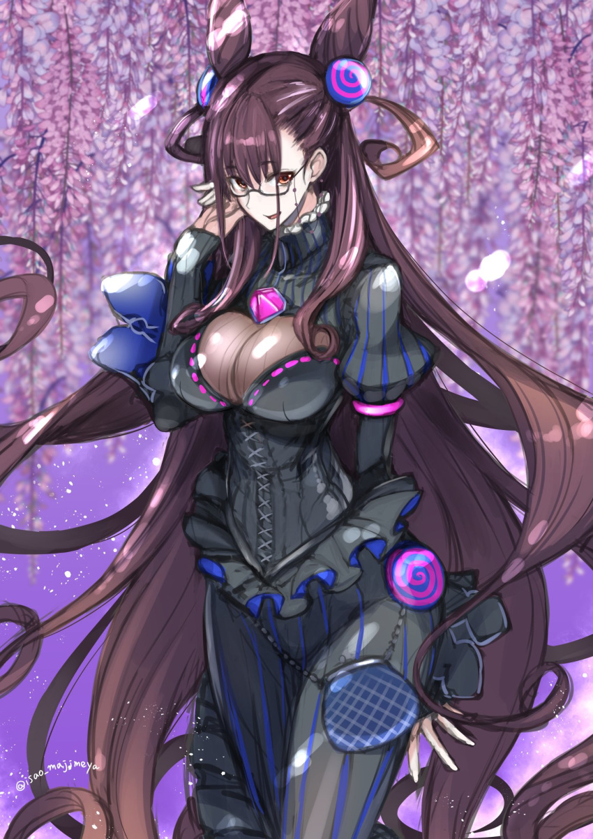 1girl amethyst_(gemstone) bangs black_dress blush breasts brown_hair double_bun dress fate/grand_order fate_(series) flower gem glasses highres isao juliet_sleeves large_breasts long_hair long_sleeves looking_at_viewer murasaki_shikibu_(fate) open_mouth puff_and_slash_sleeves puffy_sleeves sleeves_past_wrists smile solo two_side_up very_long_hair violet_eyes wisteria