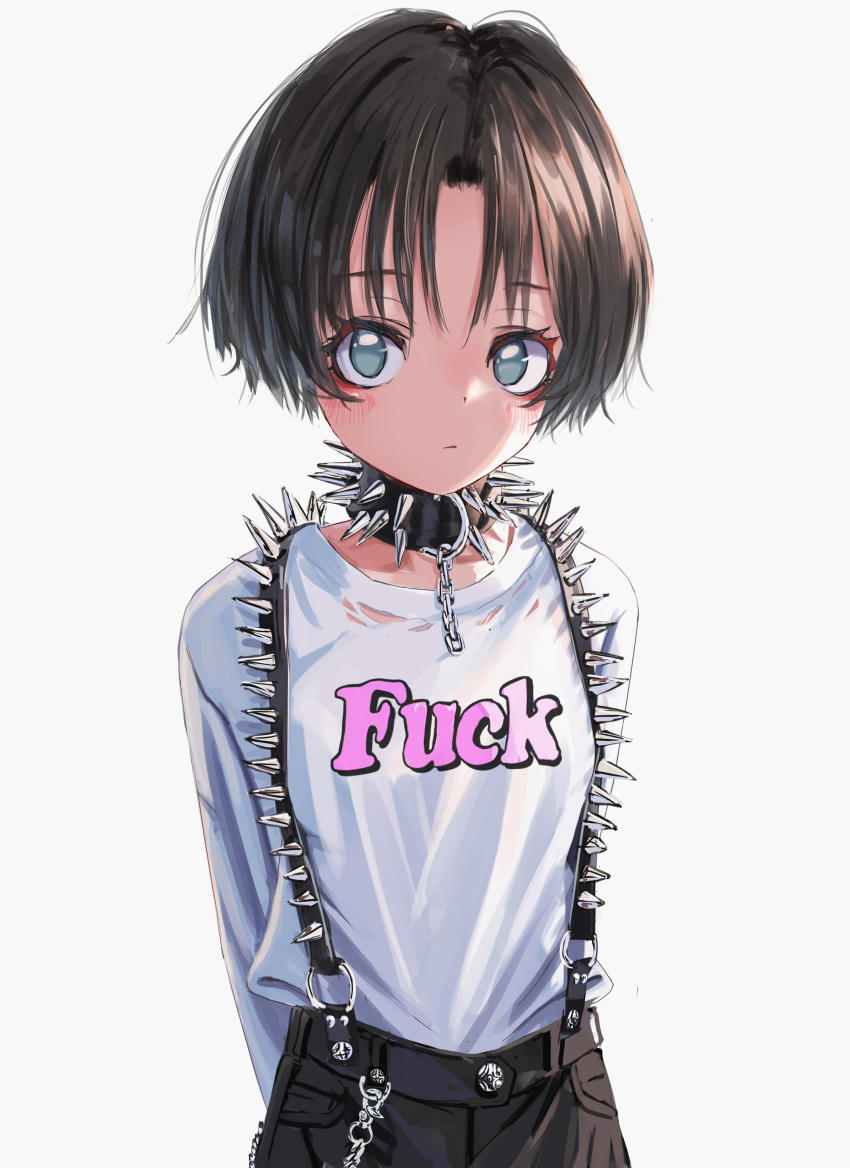1girl absurdres aqua_eyes arms_behind_back bangs breasts brown_hair child collar english_text expressionless highres looking_at_viewer nadegata no_pupils original parted_bangs profanity short_hair simple_background small_breasts solo spiked_collar spikes suspenders upper_body white_background