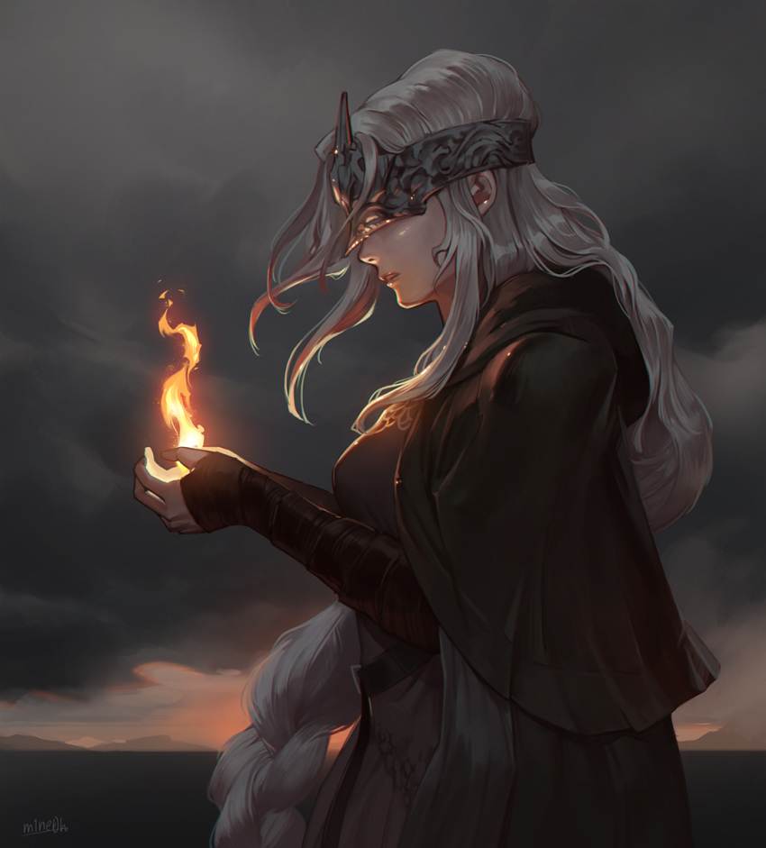 1girl bandaged_arm bandages belt black_cloak cloak clouds cloudy_sky dark_souls_iii fire fire_keeper grey_hair holding jiro_(ninetysix) long_hair maiden_in_black outdoors parted_lips red_lips sky solo souls_(from_software) standing sunset teeth