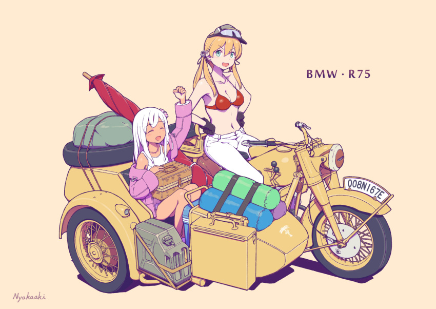 2girls alternate_costume anchor_hair_ornament arm_up bangs basket bikini_top black_gloves blonde_hair blush bmw_r75 bow breasts commentary_request denim eyebrows_visible_through_hair gloves ground_vehicle hair_bow hair_ornament hand_on_hip jacket jeans jerry_can kantai_collection long_hair long_sleeves looking_at_viewer motor_vehicle motorcycle multiple_girls nakaaki_masashi navel open_mouth pants prinz_eugen_(kantai_collection) ro-500_(kantai_collection) sidecar simple_background sitting smile swimsuit swimsuit_under_clothes tan tanline twintails umbrella visor_cap white_hair