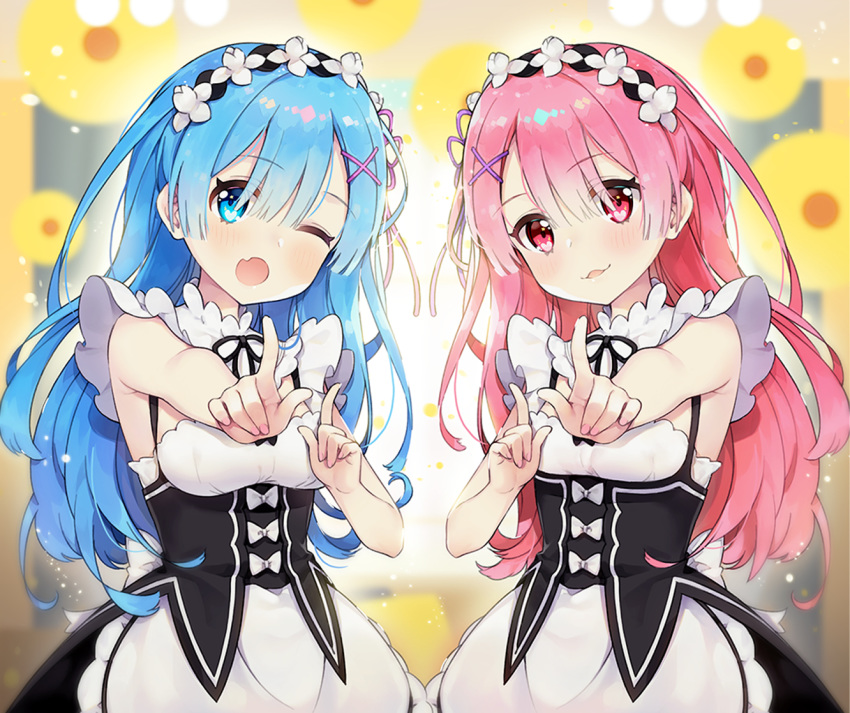 2girls alternate_costume alternate_hair_length alternate_hairstyle ayamy bangs bare_arms blue_eyes blue_hair blush breasts commentary_request dress eyebrows_visible_through_hair fang frills hair_ornament hair_over_one_eye hair_ribbon index_finger_raised koi_dance long_hair looking_at_viewer maid maid_dress maid_headdress medium_breasts multiple_girls one_eye_closed open_mouth pink_eyes pink_hair ram_(re:zero) re:zero_kara_hajimeru_isekai_seikatsu red_eyes rem_(re:zero) ribbon siblings sisters skin_fang small_breasts smile twins x_hair_ornament