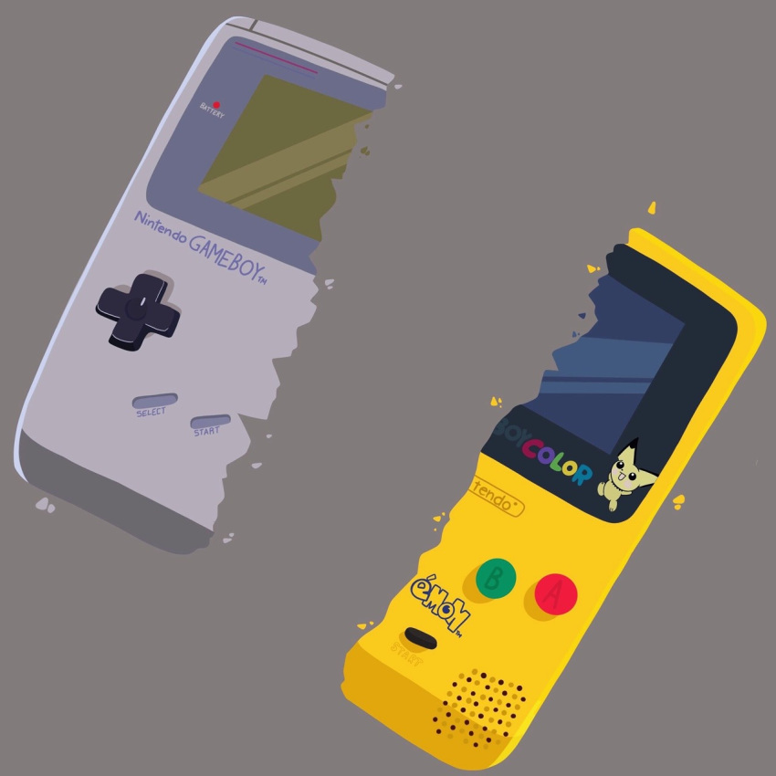 commentary deepeearts english_commentary game_boy game_boy_color gen_2_pokemon grey_background handheld_game_console highres logo pichu pokemon simple_background