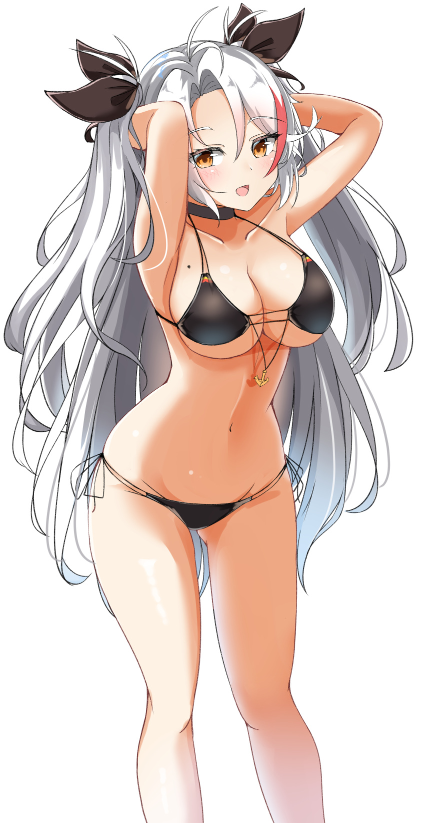 1girl absurdres armpits arms_up azur_lane bare_shoulders bikini black_bikini black_choker blush breasts calligraphy_brush calligraphy_brush_(medium) choker eyebrows_visible_through_hair flag_print german_flag_bikini graphite_(medium) highres large_breasts long_hair looking_at_viewer mole mole_on_breast moyoron multicolored_hair navel open_mouth paintbrush prinz_eugen_(azur_lane) prinz_eugen_(unfading_smile)_(azur_lane) ribbon side-tie_bikini silver_hair simple_background solo streaked_hair swimsuit traditional_media two_side_up very_long_hair white_background