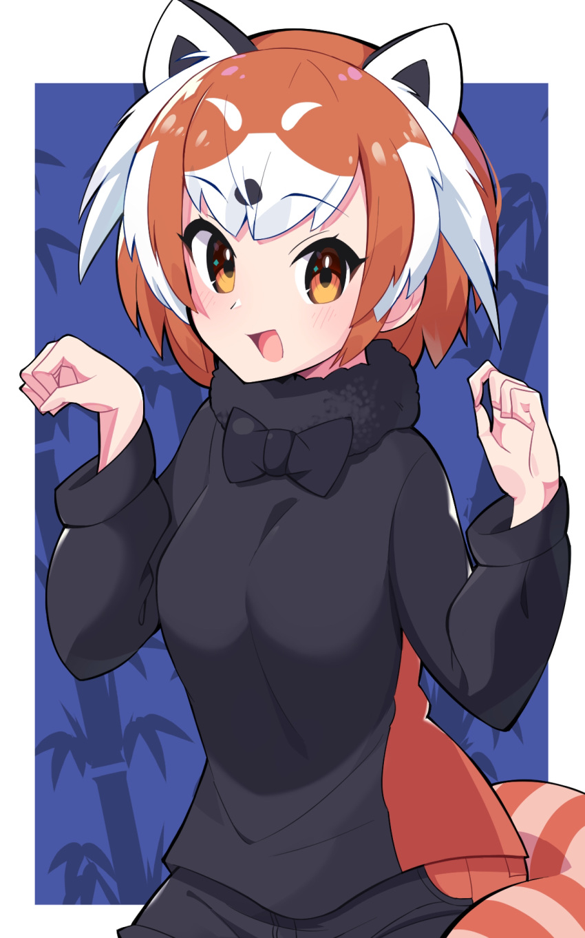 1girl animal_ears bamboo black_collar black_neckwear black_shirt bow bowtie claw_pose collar commentary eyebrows_visible_through_hair fur_collar gloves highres kemono_friends lesser_panda_(kemono_friends) long_sleeves looking_at_viewer multicolored_hair open_mouth orange_eyes orange_hair outside_border red_panda_ears red_panda_tail shirt short_hair smile solo striped_tail tail takosuke0624 white_hair