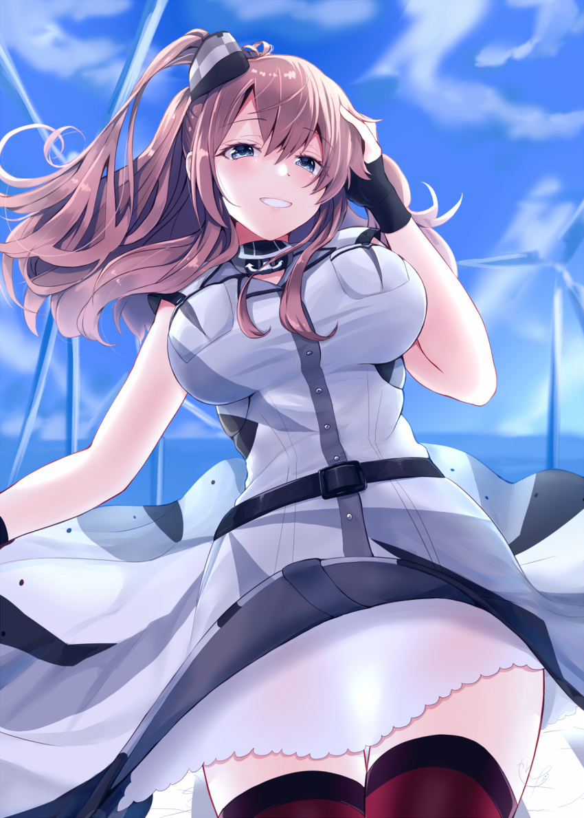1girl belt belt_buckle black_belt black_gloves blue_eyes breast_pocket breasts brown_hair buckle buttons cowboy_shot day dress eyebrows_visible_through_hair gloves hair_between_eyes hand_on_head hand_on_own_head highres kantai_collection large_breasts long_hair narushima_kanna pocket red_legwear remodel_(kantai_collection) saratoga_(kantai_collection) short_sleeves side_ponytail sky smile solo thigh-highs white_dress wind_turbine windmill