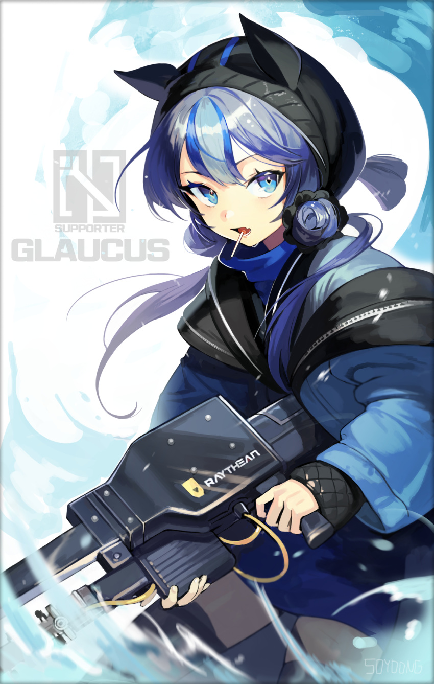 1girl absurdres animal_ears arknights blue_eyes blue_hair blue_jacket candy character_name double_bun food glaucus_(arknights) gun highres holding hood jacket lollipop long_hair long_sleeves looking_at_viewer multicolored_hair open_mouth solo soyoong_jun two-tone_hair water weapon white_background