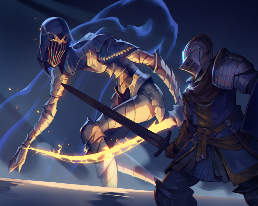 1boy armor brown_gloves dancer_of_the_boreal_valley dark_souls_iii flaming_weapon gauntlets gloves helmet holding holding_sword holding_weapon jiro_(ninetysix) knight looking_at_another monster pauldrons see-through shield souls_(from_software) sword veil weapon