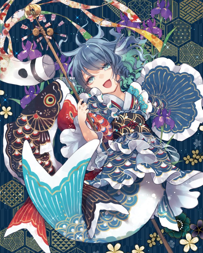 1girl :d alternate_costume blue_eyes blue_hair commentary_request drill_locks eyebrows_visible_through_hair floating_hair floral_background flower flower_request full_body hand_up head_fins head_tilt highres holding holding_stick koinobori looking_at_viewer mermaid monster_girl open_mouth purple_flower short_hair smile solo sparkle stick touhou toutenkou wakasagihime