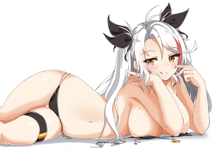1girl absurdres azur_lane bare_shoulders bikini black_bikini black_choker blush breasts calligraphy_brush calligraphy_brush_(medium) choker closed_mouth eyebrows_visible_through_hair flag_print german_flag_bikini graphite_(medium) highres large_breasts long_hair looking_at_viewer lying mole mole_on_breast moyoron multicolored_hair navel on_side paintbrush prinz_eugen_(azur_lane) prinz_eugen_(unfading_smile)_(azur_lane) ribbon side-tie_bikini silver_hair simple_background solo streaked_hair swimsuit thigh-highs tongue tongue_out traditional_media two_side_up very_long_hair white_background