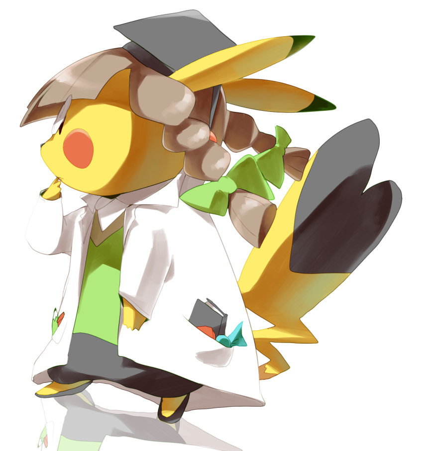 braid brown_hair clothed_pokemon commentary_request cosplay_pikachu creature full_body gen_1_pokemon hatted_pokemon highres jaibus no_humans pencil pikachu pikachu_phd pocket pokemon pokemon_(creature) simple_background solo twin_braids white_background