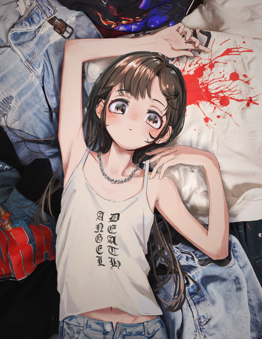 1girl absurdres arm_up bangs brown_eyes brown_hair camisole chain_necklace child denim english_text highres jeans long_hair looking_at_viewer lying nadegata navel on_back open_fly original pants solo strap_lift upper_body