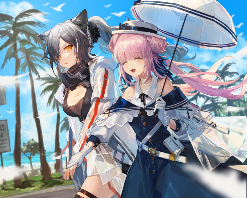 2girls :d ^_^ animal_ears arknights bangs bare_shoulders black_bow black_scarf blue_dress blue_sky bow breasts cat_ears ceylon_(arknights) closed_eyes clouds commentary_request cowboy_shot day double_bun dress eyebrows_visible_through_hair gloves hat hat_bow highres holding holding_hands holding_umbrella jacket long_hair long_ponytail long_sleeves looking_at_another medium_breasts multiple_girls nima_(niru54) open_mouth outdoors palm_tree parted_lips pink_hair ponytail scarf schwarz_(arknights) silver_hair sky smile thigh_strap tree umbrella white_gloves white_headwear white_jacket white_umbrella yellow_eyes
