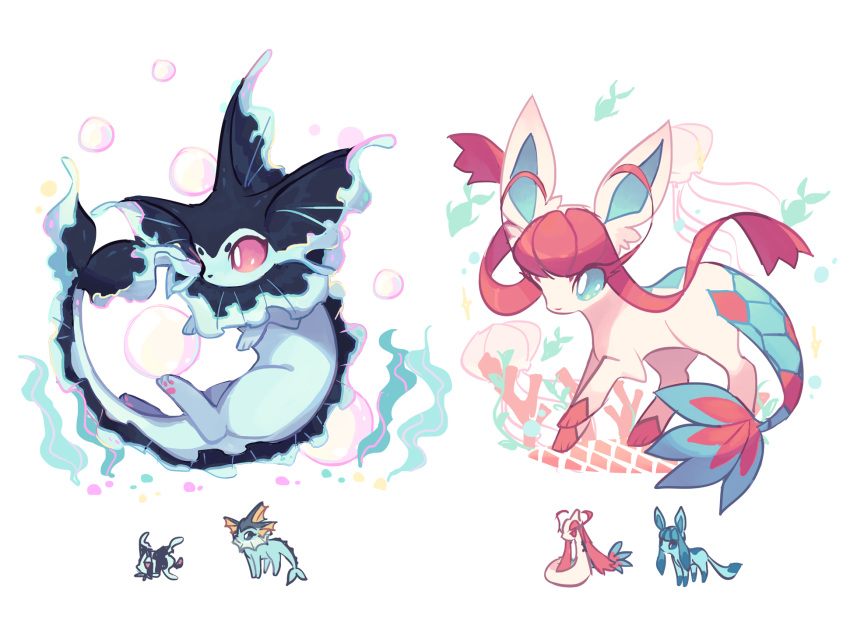 blue_eyes charamells commentary creature english_commentary full_body fusion gen_1_pokemon gen_3_pokemon gen_4_pokemon glaceon highres lumineon milotic multiple_fusions no_humans pink_eyes pokemon pokemon_(creature) simple_background standing vaporeon white_background