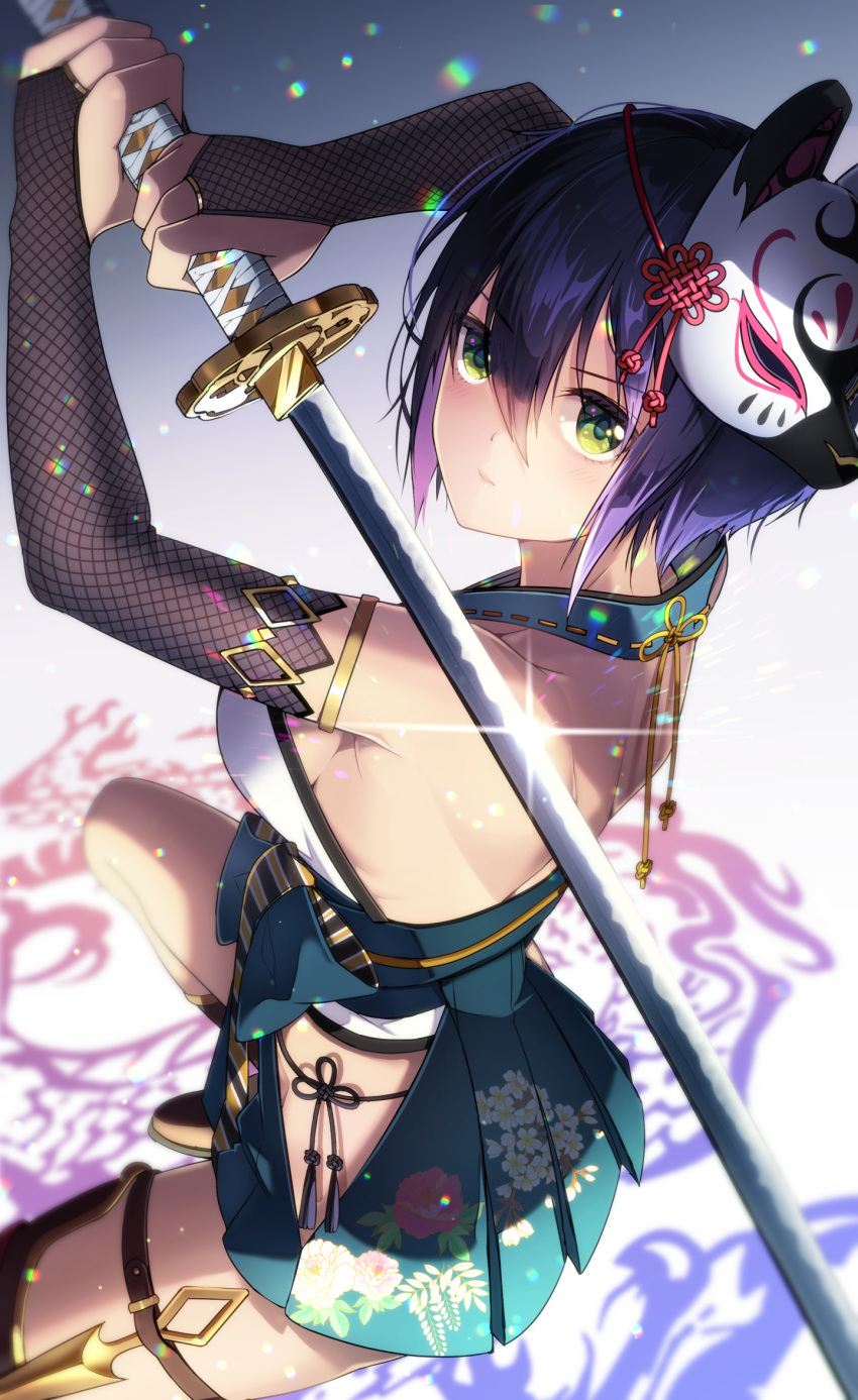 1girl bare_shoulders blurry bridal_gauntlets chromatic_aberration commentary_request depth_of_field floral_print flower_knot fox_mask fujiya_takao green_eyes hair_between_eyes highres hip_vent holding holding_sword holding_weapon japanese_clothes jewelry katana kusunoki_suzu leg_belt looking_at_viewer mask mask_on_head miniskirt original pleated_skirt purple_hair revision short_hair skirt sleeveless solo sword tassel weapon