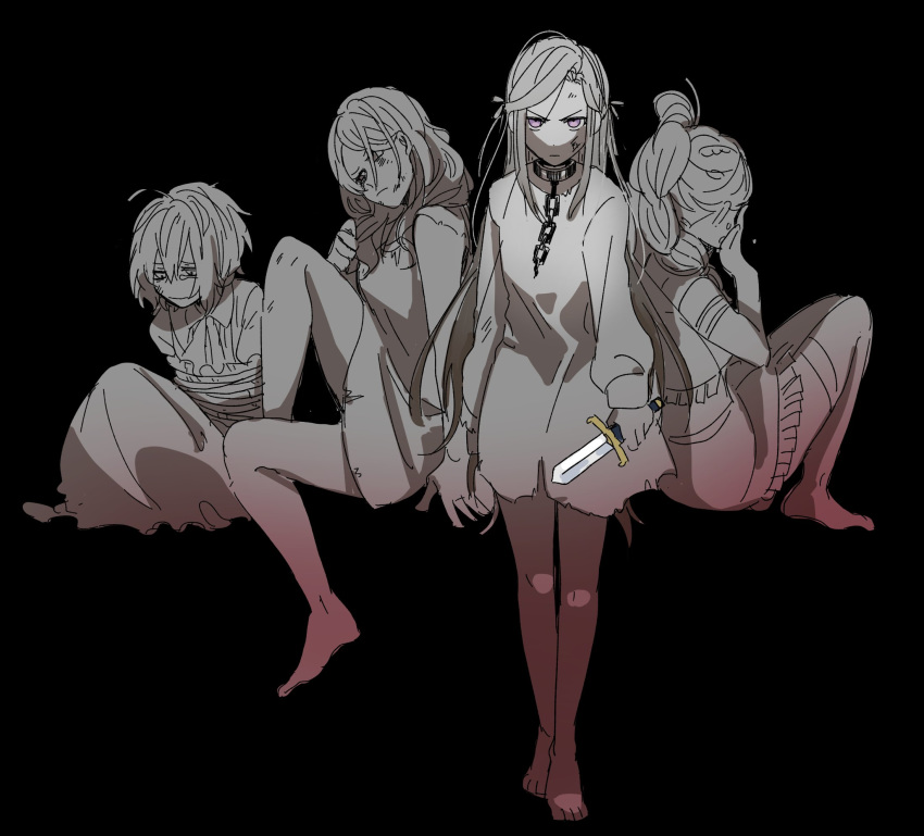 4girls barefoot bernadetta_von_varley black_background bound chain closed_mouth collar dagger dorothea_arnault edelgard_von_hresvelg fire_emblem fire_emblem:_three_houses hair_ribbon highres hirunesukix holding holding_dagger holding_weapon long_hair long_sleeves monochrome multiple_girls petra_macneary ponytail ribbon rope short_hair simple_background sitting spot_color tied_up violet_eyes weapon younger