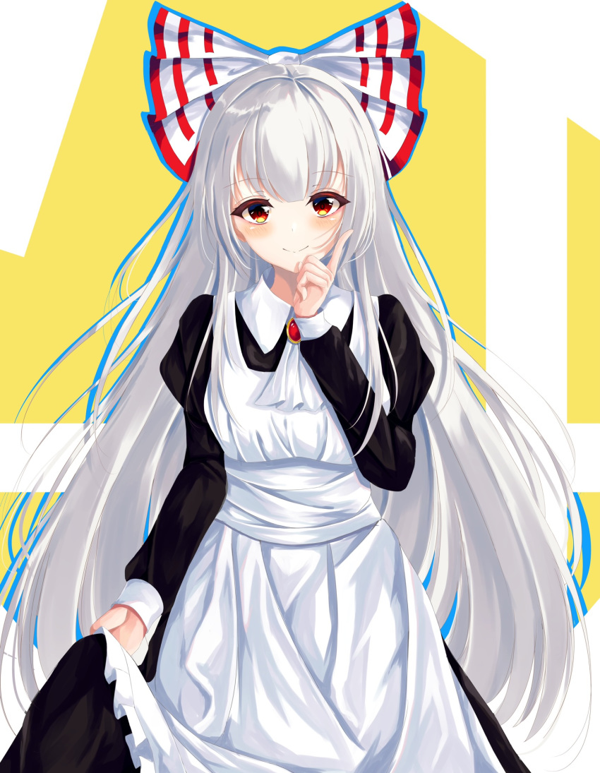 1girl alternate_costume apron arm_up bangs black_dress blush brooch commentary cowboy_shot cravat dress drop_shadow enmaided eyebrows_visible_through_hair fujiwara_no_mokou hair_ribbon hand_on_own_face highres index_finger_raised jewelry juliet_sleeves kure:kuroha lifted_by_self long_hair long_sleeves looking_at_viewer maid maid_apron puffy_sleeves red_eyes ribbon shiny shiny_hair silver_hair skirt skirt_lift sleeve_cuffs smile solo standing touhou two-tone_background very_long_hair white_background white_neckwear yellow_background