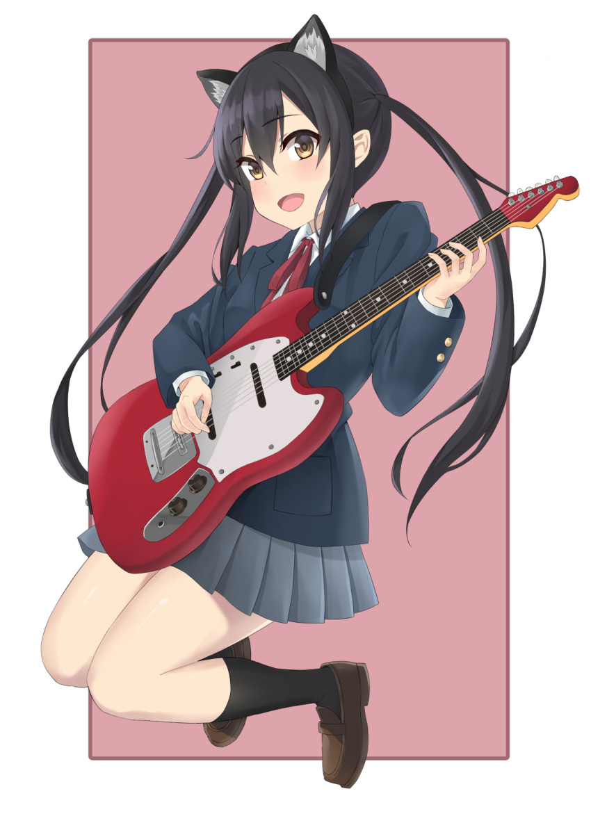 1girl :o animal_ears black_hair black_legwear blazer brown_eyes brown_footwear cat_ears electric_guitar fake_animal_ears full_body grey_skirt guitar highres instrument jacket k-on! music nakano_azusa playing_instrument school_uniform sidelocks skirt socks solo sozoremi twintails