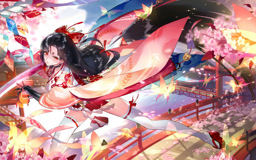 1girl absurdres artist_request bangs black_gloves black_hair bow bridge bug butterfly cherry_blossoms choker facial_mark forehead_mark full_body gloves hair_bow hakama_skirt highres holding holding_sword holding_weapon insect japanese_clothes katana long_hair looking_at_viewer miniskirt obi onmyoji onmyouji outdoors parted_bangs parted_lips pleated_skirt red_bow red_eyes red_ribbon red_skirt ribbon sandals sash skirt solo sword tabi tagme thigh-highs very_long_hair water weapon white_legwear youtouhime zettai_ryouiki
