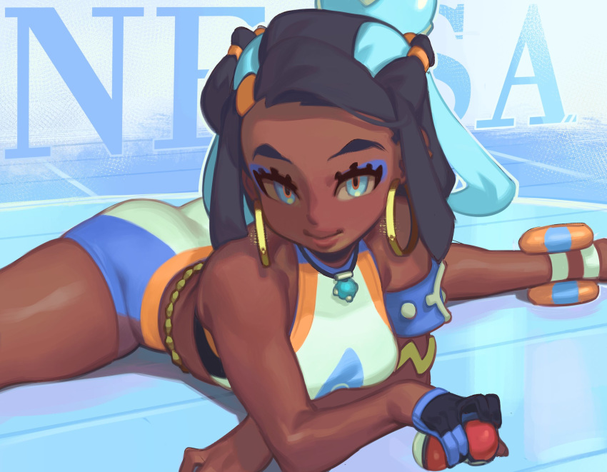 1girl aqua_eyes aqua_hair armband armlet ass belly_chain black_hair blue_eyeshadow breasts character_name crossed_arms dark_skin earrings eyeshadow flexible forehead gloss gloves gym_leader hair_bun hair_ornament highres holding holding_poke_ball hoop_earrings jewelry lips looking_at_viewer lying makeup medium_breasts multicolored_hair necklace on_stomach poke_ball poke_ball_(generic) pokemon pokemon_(game) pokemon_swsh rurina_(pokemon) single_glove solo split streaked_hair swimsuit tankini two-tone_hair