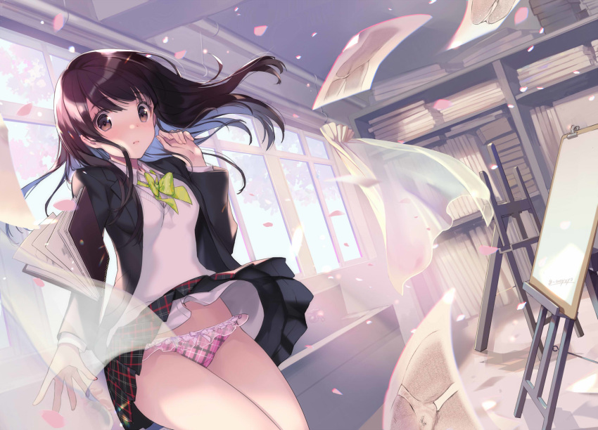 1girl arm_up bangs bare_thighs black_jacket black_skirt book bow bow_panties brown_hair canvas_(object) cherry_blossoms classroom collared_shirt commentary_request dutch_angle easel eyebrows_visible_through_hair frilled_panties frills gin_(oyoyo) hair_blowing highres indoors jacket light_rays navel original panties paper parted_lips pink_panties plaid plaid_panties plaid_skirt pleated_skirt shelf shirt signature skirt skirt_lift standing sunbeam sunlight underwear white_cardigan white_shirt wind wind_lift window