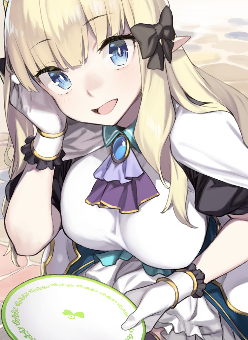 1girl 92m absurdres black_bow blonde_hair blue_eyes bow breasts elf hair_bow highres large_breasts long_hair open_mouth pointy_ears princess_connect! princess_connect!_re:dive sasaki_saren smile