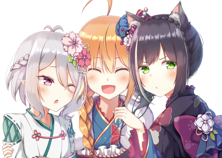 3girls :d ;o ^_^ absurdres ahoge alternate_costume alternate_hairstyle animal_ear_fluff animal_ears black_hair blush braid cat_ears closed_eyes commentary_request flower french_braid green_eyes hair_between_eyes hair_flower hair_ornament highres japanese_clothes kimono kokkoro_(princess_connect!) kyaru_(princess_connect) long_hair looking_at_viewer multicolored_hair multiple_girls one_eye_closed open_mouth orange_hair pecorine pink_eyes princess_connect! princess_connect!_re:dive shizuri_yuki short_hair silver_hair simple_background single_braid smile streaked_hair upper_body white_background white_hair