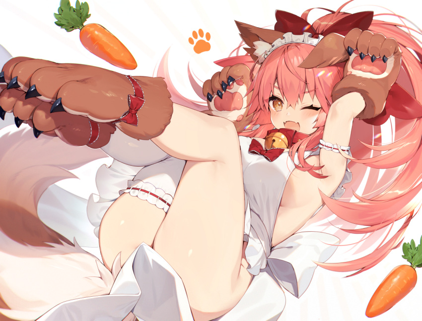1girl animal_ear_fluff animal_ears apron bangs bell bell_collar blush breasts cat_hair_ornament collar fangs fate/extra fate/grand_order fate_(series) fox_ears fox_girl fox_tail gloves hair_ornament jingle_bell large_breasts long_hair looking_at_viewer muryotaro naked_apron paw_gloves paw_shoes paws pink_hair revision shoes simple_background smile solo tail tamamo_(fate)_(all) tamamo_cat_(fate)