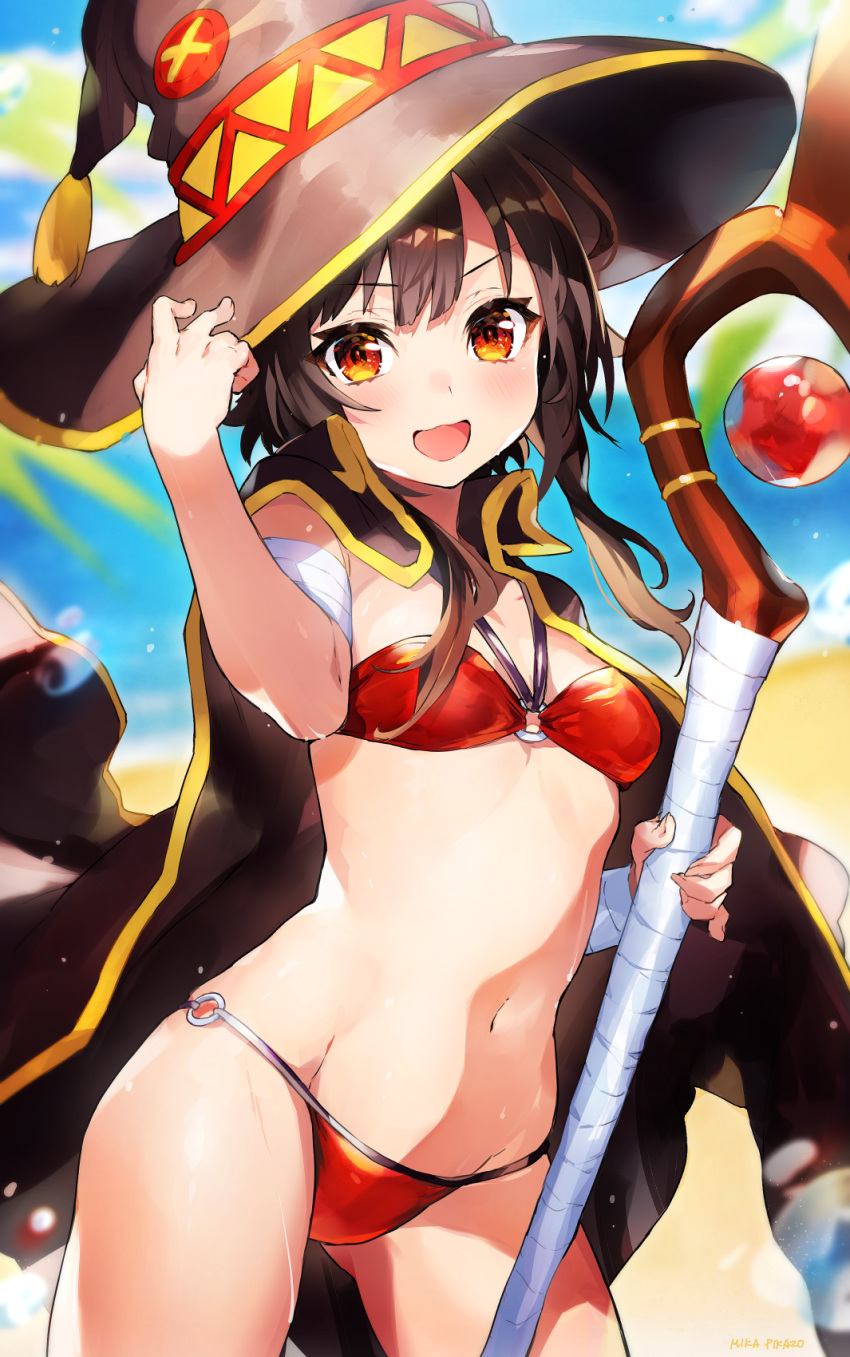 1girl ass_visible_through_thighs bandages bangs beach bikini blush breasts brown_hair cape cowboy_shot day eyebrows_visible_through_hair groin hair_between_eyes halterneck hand_on_headwear hands_up hat highres holding holding_staff kono_subarashii_sekai_ni_shukufuku_wo! looking_at_viewer megumin mika_pikazo navel o-ring o-ring_bikini open_mouth outdoors palm_tree pout red_bikini red_eyes short_hair short_hair_with_long_locks side-tie_bikini small_breasts smile solo staff standing swimsuit swimsuit_under_clothes thigh-highs tree witch_hat