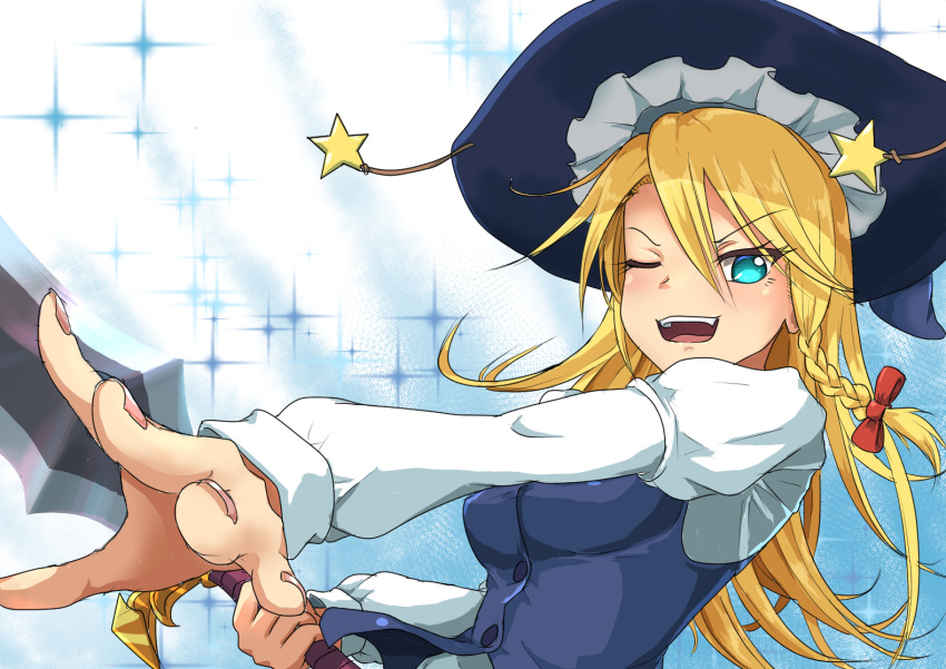 1girl bangs black_headwear black_vest blonde_hair blouse blue_eyes breasts buttons commentary_request cookie_(touhou) eyebrows_visible_through_hair eyes_visible_through_hair hair_between_eyes hat holding holding_sword holding_weapon juliet_sleeves kirisame_marisa long_hair long_sleeves looking_at_viewer medium_breasts one_eye_closed open_mouth outstretched_arm puffy_sleeves ruka_(cookie) solo star_(symbol) sword tassel touhou upper_body upper_teeth vest weapon white_blouse witch_hat yatsukahagi