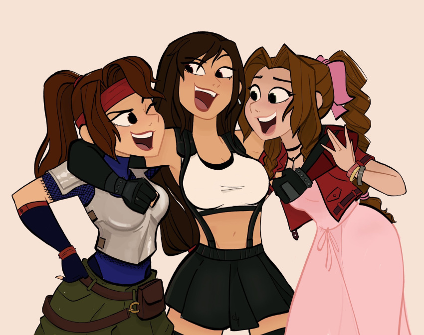 3girls aerith_gainsborough amber_leigh armor black_hair black_skirt bow bracelet braid braided_ponytail breastplate brown_hair crop_top cropped_jacket dress final_fantasy final_fantasy_vii final_fantasy_vii_remake fingerless_gloves flat_color gloves hair_bow hand_on_hip headband highres jacket jessie_rasberry jewelry long_hair looking_at_another low-tied_long_hair midriff multiple_girls navel one_eye_closed open_mouth pink_dress ponytail red_headband red_jacket simple_background skirt smile stomach suspender_skirt suspenders tank_top tifa_lockhart white_tank_top