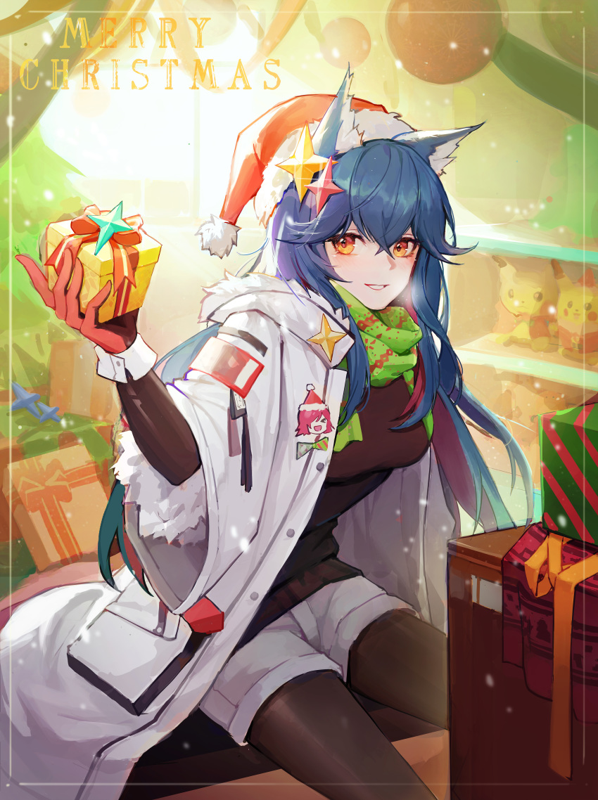 1girl absurdres animal_ears arknights black_legwear black_sweater blue_hair box breasts breath cameo character_pin chinese_text christmas christmas_tree coat dezhouyou_touguigui english_commentary exusiai_(arknights) fur-trimmed_coat fur_trim gen_1_pokemon gift gift_box gloves green_scarf hair_between_eyes hair_ornament hat highres holding holding_box huge_filesize indoors long_hair looking_at_viewer medium_breasts merry_christmas mixed-language_commentary open_clothes open_coat orange_eyes pantyhose pikachu pokemon red_gloves santa_hat scarf short_shorts shorts sitting smile solo sweater texas_(arknights) white_coat white_shorts wolf_ears