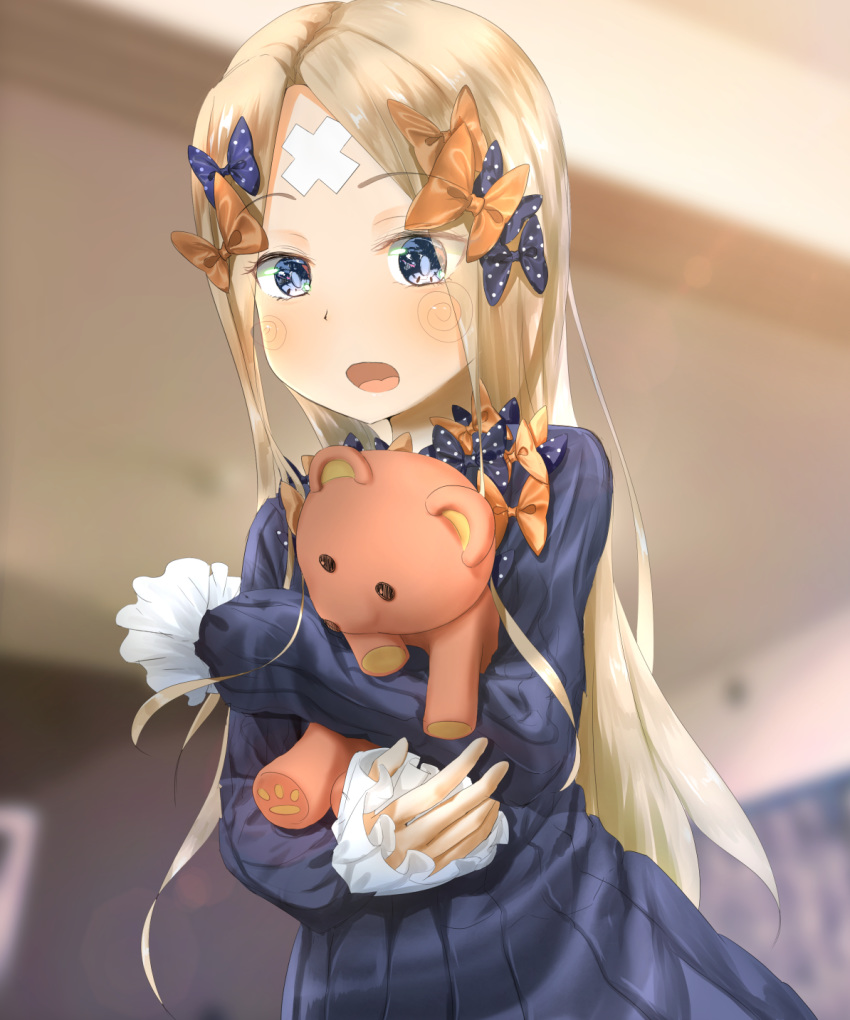 1girl abigail_williams_(fate/grand_order) bandaid_on_forehead bangs black_bow black_dress blonde_hair blue_eyes blush bow breasts crossed_bandaids dress fate/grand_order fate_(series) forehead hair_bow highres long_hair long_sleeves looking_at_viewer multiple_bows open_mouth orange_bow parted_bangs polka_dot polka_dot_bow ribbed_dress sakazakinchan small_breasts solo stuffed_animal stuffed_toy teddy_bear