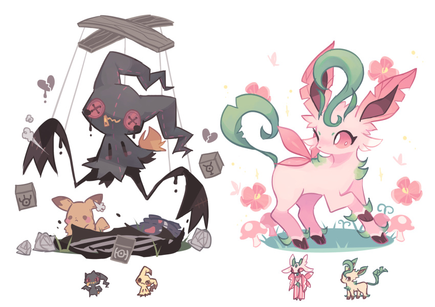 banette charamells commentary creature english_commentary flower fusion gen_1_pokemon gen_2_pokemon gen_3_pokemon gen_4_pokemon gen_7_pokemon gengar grass highres leafeon lurantis marionette mimikyu multiple_fusions mushroom no_humans pikachu pink_eyes pokemon pokemon_(creature) puppet simple_background translated unown unown_h unown_w unown_y unownglyphics white_background