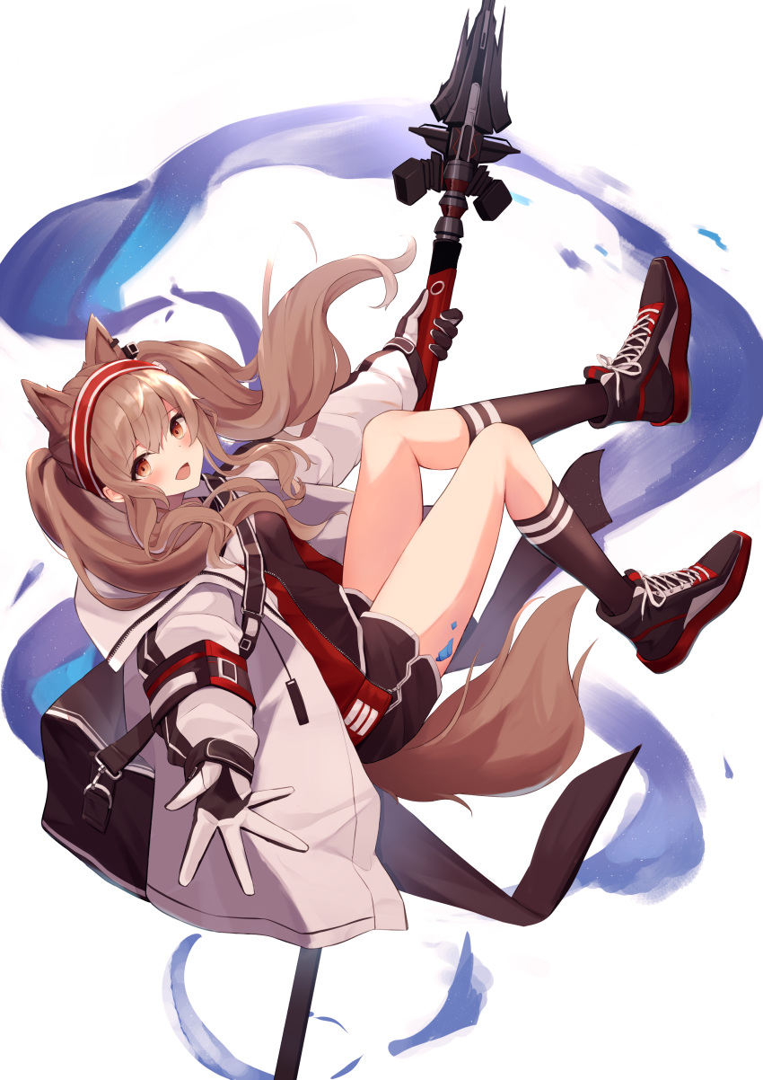 1girl :d absurdres angelina_(arknights) animal_ears arknights black_footwear black_gloves black_legwear black_shirt black_shorts blush breasts brown_eyes brown_hair commentary full_body gloves hairband highres hitodama holding holding_spear holding_weapon jacket long_hair long_sleeves looking_at_viewer looking_to_the_side mizu_(lzzrwi603) open_clothes open_jacket open_mouth outstretched_arm polearm puffy_long_sleeves puffy_sleeves red_hairband shirt shoes short_shorts shorts sleeves_past_wrists small_breasts smile socks solo spear striped striped_hairband tail twintails weapon white_background white_jacket