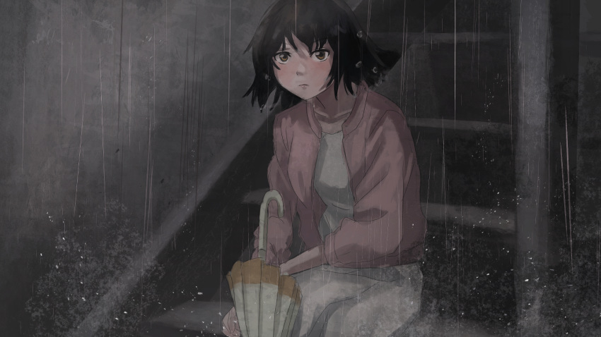 1girl black_hair brown_eyes jacket nonaka_haru outdoors pink_jacket rain short_hair sitting skirt solo stairs umbrella umi_yukari wet white_skirt yesterday_wo_utatte