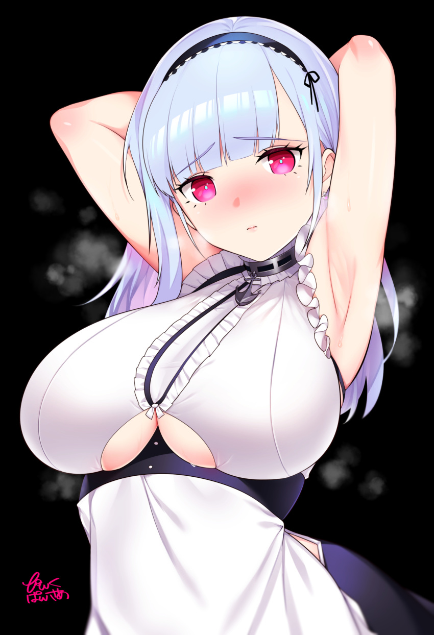 1girl anchor_choker apron armpits arms_behind_head arms_up azur_lane bangs bare_shoulders black_background black_hairband black_skirt blunt_bangs blush breasts center_frills choker closed_mouth commentary_request dido_(azur_lane) earrings eyebrows_visible_through_hair frilled_apron frilled_choker frilled_shirt frills hairband highres jewelry lace-trimmed_hairband large_breasts long_hair looking_at_viewer maid nose_blush pink_eyes pinku_pansaa shirt sidelocks signature silver_hair simple_background skirt sleeveless sleeveless_shirt solo standing steam stud_earrings sweat under_boob underboob_cutout upper_body waist_apron white_apron white_shirt
