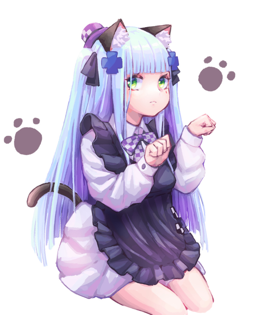 1girl animal_ear_fluff animal_ears apron black_apron blue_hair bow bowtie cat_ears cat_tail checkered checkered_neckwear chuo8008 commentary_request cropped_legs girls_frontline green_eyes hair_ornament hat highres hk416_(girls_frontline) long_hair long_sleeves looking_at_viewer mini_hat paw_background paw_pose solo tail white_background younger