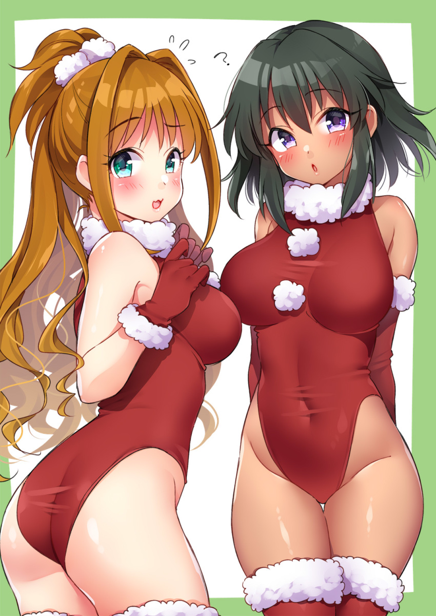 2girls aqua_eyes arms_behind_back ass bare_shoulders breasts covered_navel cowboy_shot elbow_gloves fur_collar gloves green_hair groin highleg highleg_leotard highres hino_akane_(idolmaster) idolmaster idolmaster_cinderella_girls impossible_clothes impossible_leotard large_breasts leotard long_hair looking_at_viewer mio_(mgr300) multiple_girls natalia_(idolmaster) orange_hair parted_lips red_gloves red_legwear red_leotard short_hair thigh-highs thigh_gap thighs violet_eyes