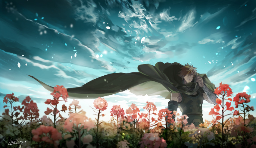 1boy absurdres bandaged_arm bandages brown_hair cloak clouds cloudy_sky fate_(series) flower green_cloak green_eyes hair_over_one_eye hakoito highres male_focus outdoors parted_lips pink_flower robin_hood_(fate) signature sky solo standing wind