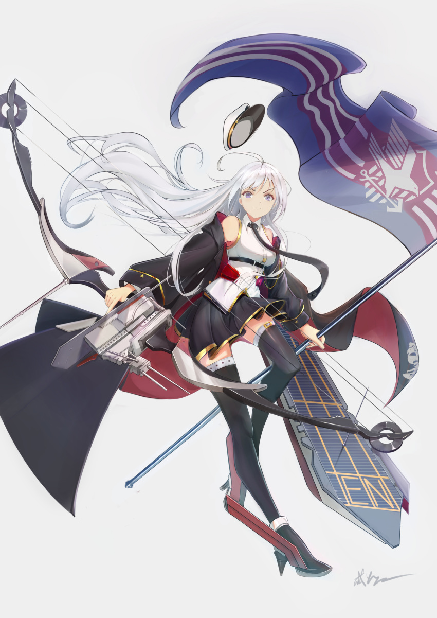 absurdres azur_lane bald_eagle banner belt bird black_belt black_coat black_neckwear boots bow_(weapon) breasts coat eagle enterprise_(azur_lane) flight_deck hat high_heel_boots high_heels highres large_breasts military_hat open_clothes open_coat peaked_cap pleated_skirt shirt silver_hair skirt sleeveless sleeveless_shirt thigh-highs underbust violet_eyes weapon white_headwear xianz