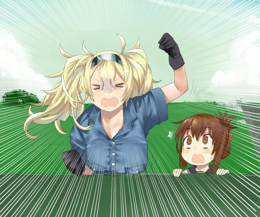 2girls absurdres aima_imoko0327 baseball black_gloves black_sailor_collar blonde_hair blue_shirt blue_sky breast_pocket breasts brown_eyes brown_hair closed_eyes clouds collared_shirt commentary_request day facing_viewer fence folded_ponytail gambier_bay_(kantai_collection) gloves hairband highres in_the_face inazuma_(kantai_collection) kantai_collection large_breasts long_hair multiple_girls open_mouth outdoors pocket round_teeth sailor_collar school_uniform serafuku shirt sky speed_lines stairs teeth twintails upper_body upper_teeth