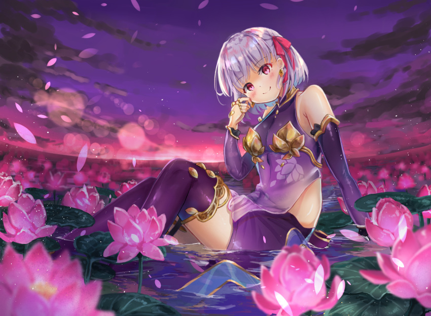 1girl armlet armor artist_request bangs bare_shoulders bikini_armor blush bracelet breasts closed_mouth collar detached_sleeves dress earrings fate/grand_order fate_(series) floral_print flower gradient_sky hair_ribbon jewelry kama_(fate/grand_order) knees_up lake lily_pad looking_at_viewer lotus metal_collar miniskirt pelvic_curtain petals purple_dress purple_legwear purple_skirt purple_sky purple_sleeves red_eyes ribbon ring short_hair silver_hair sitting skirt sky small_breasts smile solo thigh-highs thighlet thighs twilight water