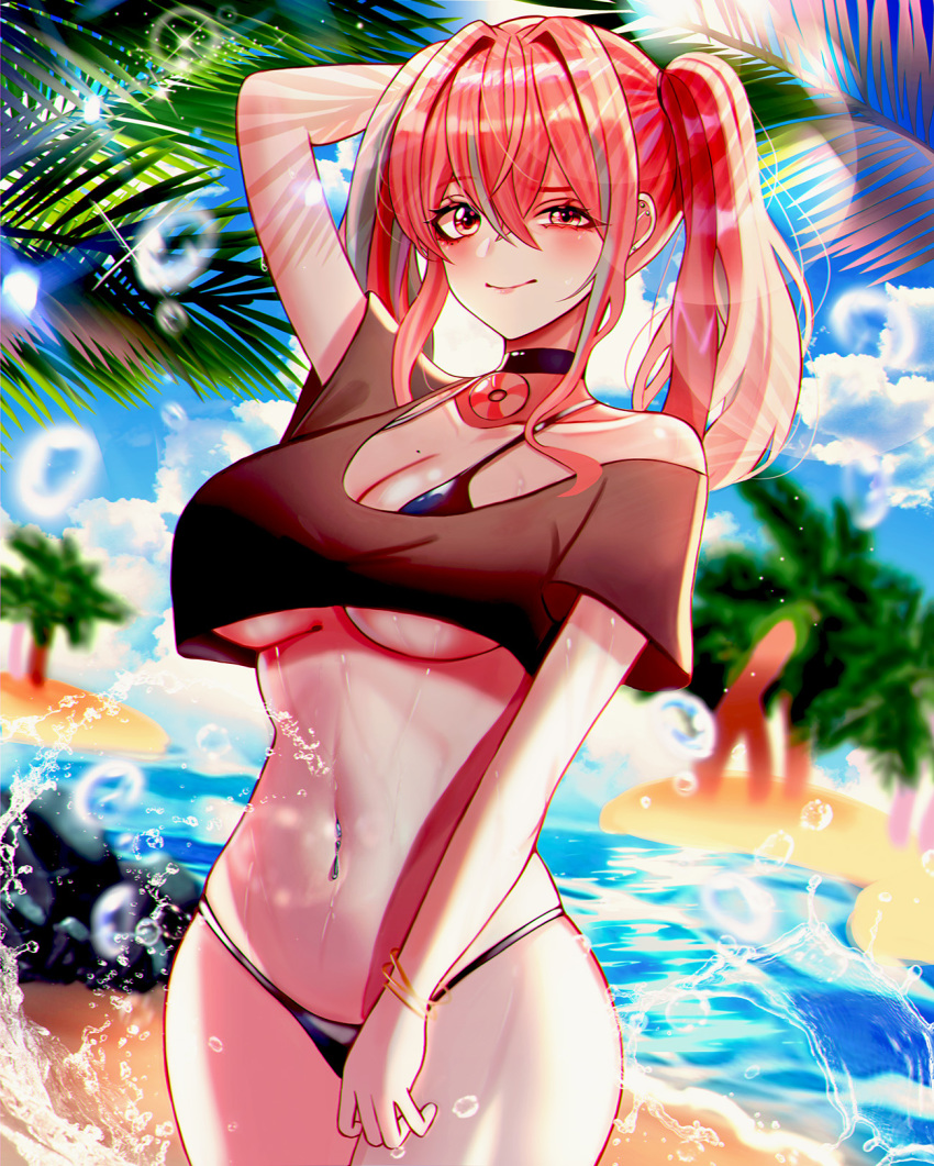 1girl azur_lane bangs blush breasts bremerton_(azur_lane) chap_chap commentary_request cowboy_shot eyebrows_visible_through_hair groin hair_between_eyes highres large_breasts looking_at_viewer midriff navel sidelocks smile solo standing sweat swimsuit uneven_eyes