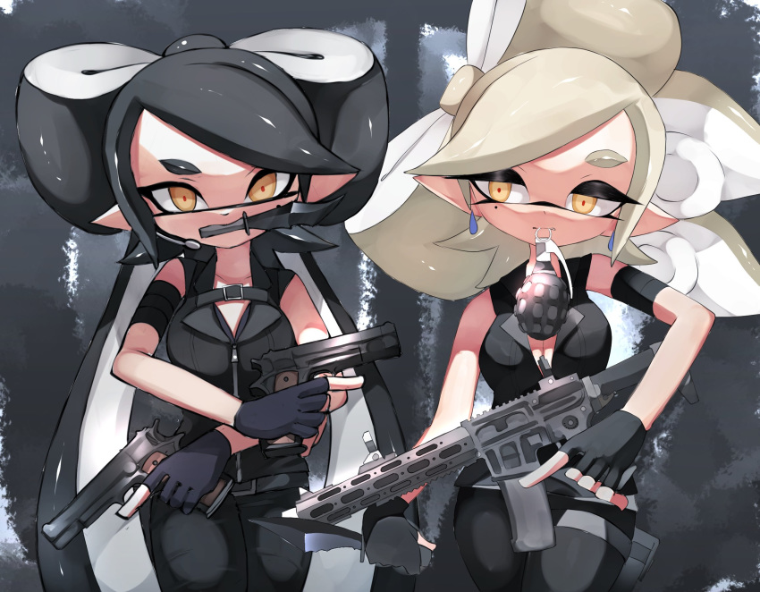 2girls aori_(splatoon) armband bangs belt black_belt black_gloves black_hair black_jacket black_pants blue_gloves breasts brown_eyes combat_knife cousins cowboy_shot domino_mask dual_wielding explosive fingerless_gloves gloves grenade grey_hair gun handgun highres holding holding_gun holding_knife holding_weapon jacket knife long_hair looking_at_viewer marie_(girls_und_panzer) mask medium_breasts medium_hair mole mole_under_eye mouth_hold multiple_girls pants pointy_ears side-by-side sleeveless sleeveless_jacket splatoon_(series) standing sukeo_(nunswa08) swept_bangs tentacle_hair thigh_pouch thigh_strap tied_hair trigger_discipline twintails very_long_hair weapon weapon_request yellow_eyes zipper