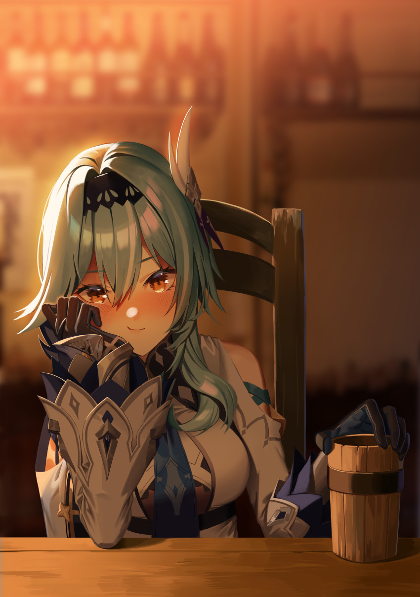 1girl absurdres aqua_hair backlighting bangs bar bare_shoulders black_gloves black_hairband blue_neckwear blurry blurry_background blush breasts chair closed_mouth cup depth_of_field drunk eula_lawrence genshin_impact gloves hair_between_eyes hairband hand_on_own_cheek hand_on_own_face highres indoors long_sleeves looking_at_viewer medium_breasts necktie re-leaf red_eyes sitting smile solo upper_body wooden_cup wooden_table