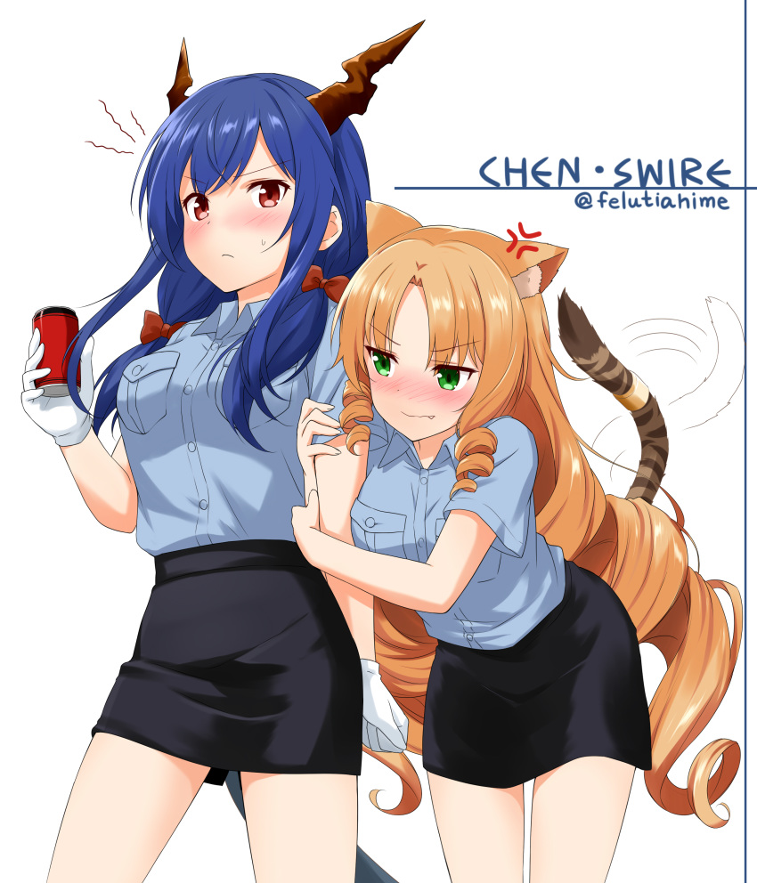 2girls absurdres alternate_costume anger_vein animal_ears arknights arm_hug artist_name bangs black_skirt blue_hair blue_shirt blush bow breast_pocket can ch'en_(arknights) character_name commentary_request cowboy_shot dragon_horns drill_hair drill_locks eyebrows_visible_through_hair fang fang_out felutiahime gloves green_eyes hair_between_eyes hair_bow hand_up highres holding holding_can horns leaning_forward long_hair looking_at_viewer miniskirt multiple_girls no_hat no_headwear nose_blush orange_hair pencil_skirt pocket red_bow red_eyes shirt short_sleeves simple_background skirt standing swire_(arknights) tail thighs tiger_ears tiger_tail twitter_username v-shaped_eyebrows very_long_hair white_background white_gloves wing_collar