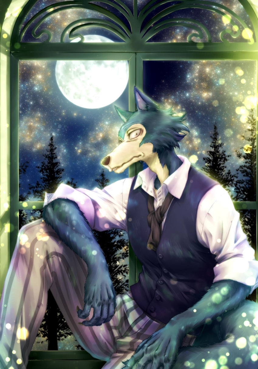 1boy absurdres beastars cherryton_school_uniform claws commentary_request full_moon fur furry highres legoshi looking_at_viewer moon necktie night official_art pants school_uniform shirt sitting_in_window sky sleeves_rolled_up solo star_(sky) starry_sky striped striped_pants vertical-striped_pants vertical_stripes vest white_shirt wolf wolf_boy