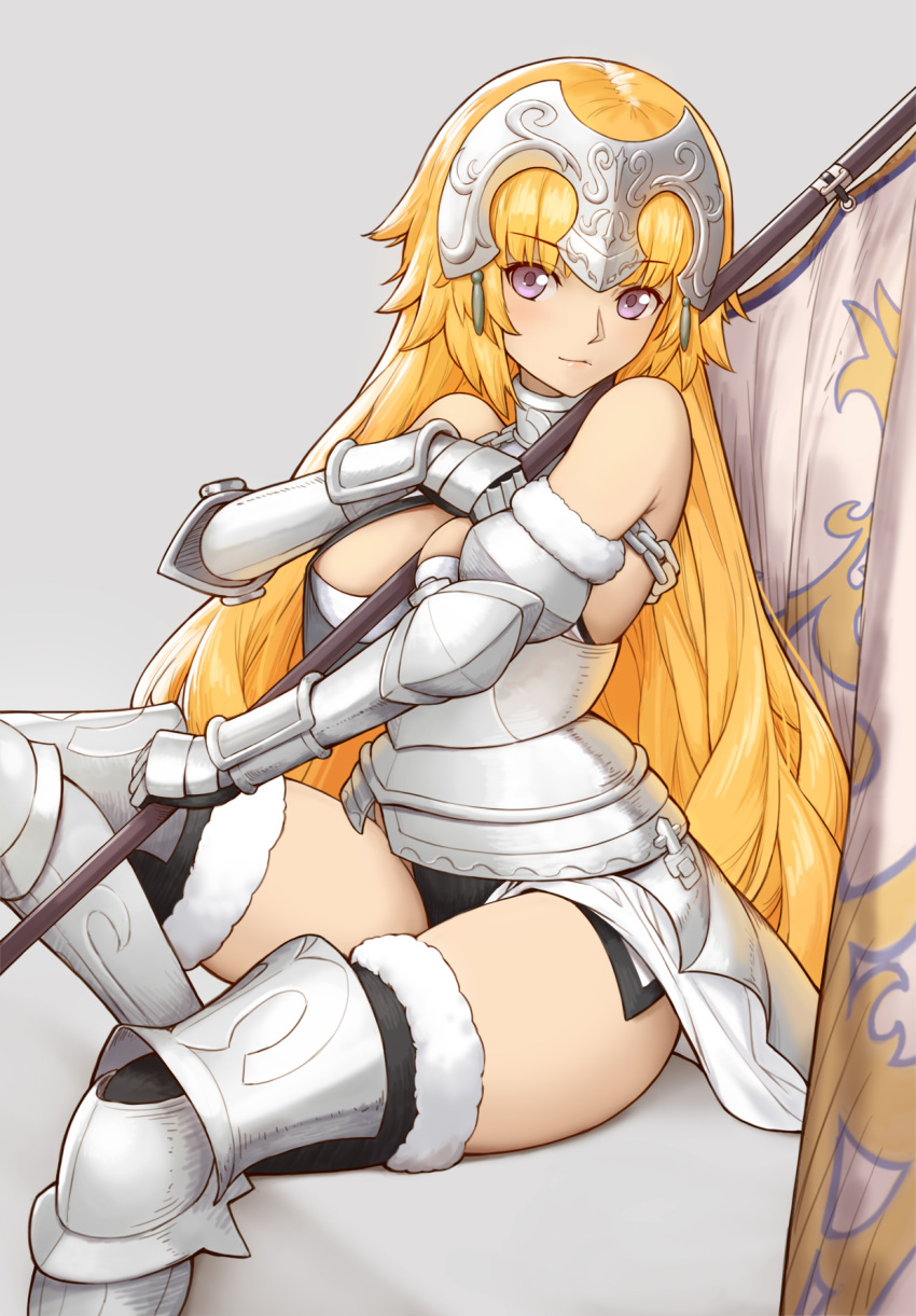1girl alternate_hairstyle armor armored_boots bangs banner bare_shoulders black_legwear blonde_hair boots breasts chain closed_mouth commentary_request eyebrows_visible_through_hair fate/apocrypha fate/grand_order fate_(series) fur-trimmed_legwear fur_trim gauntlets grey_background grey_footwear headpiece highres holding invisible_chair jeanne_d'arc_(fate) jeanne_d'arc_(fate)_(all) long_hair looking_at_viewer medium_breasts no_pants simple_background sitting smile solo thigh-highs thigh_boots thighhighs_under_boots thighs tsuki_suigetsu very_long_hair